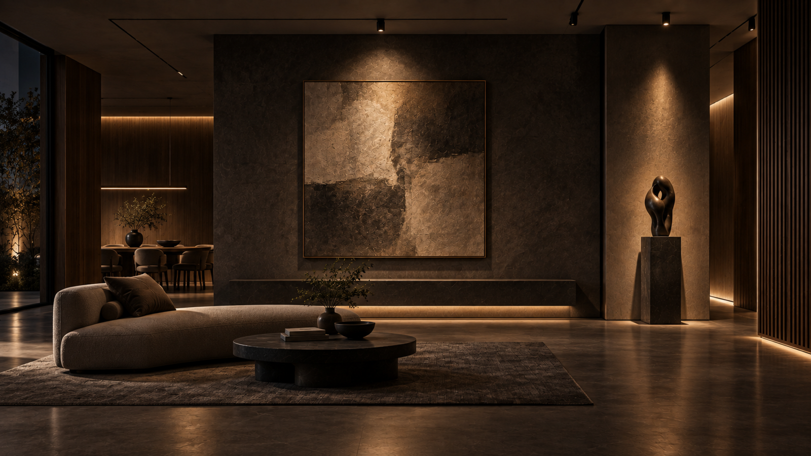 Contemporary interior with artwork and sculpture shaped by warm architectural lighting